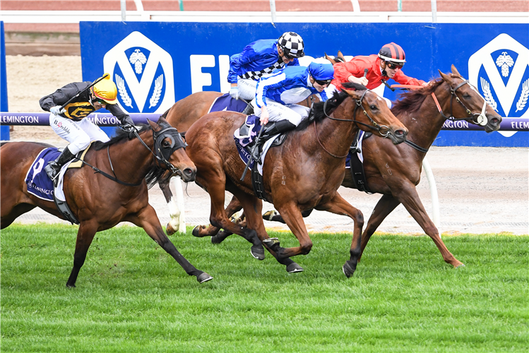 CRYSTAL BOUND (blue cap) winning the Cap D'Antibes Stakes at Flemington in Australia.