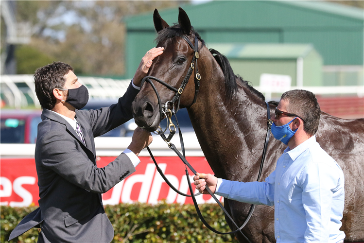 David Browne pictured with Elephant after his win in the Gr.3 Sandown Stakes (1500m).