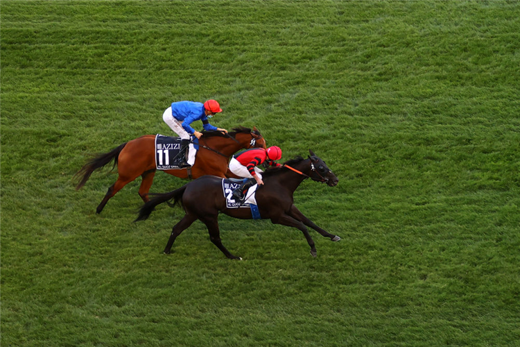 EXTRAVAGANT KID winning the Al Quoz Sprint at Meydan in Dubai, United Arab Emirates.