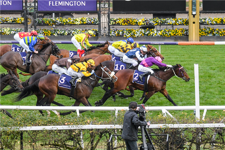 FREE TO MOVE winning the A.R. Creswick Stakes at Flemington in Australia.