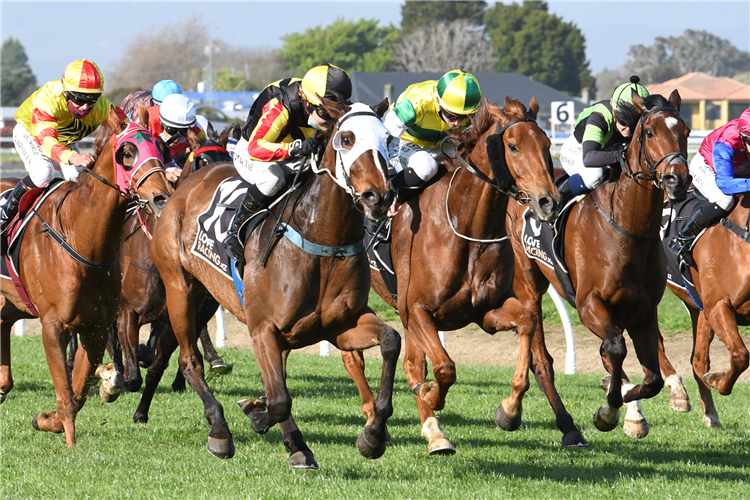 House Of Cartier (white hood) storms to victory in the Gr.3 Boehringer Ingelheim Metric Mile (1600m) at Awapuni