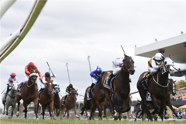 Thundering to the line in the 2021 Golden Eagle at Rosehill in Australia.