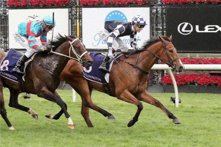 IT'SOURTIME winning the World Horse Racing Grand Handicap at Flemington in Australia.