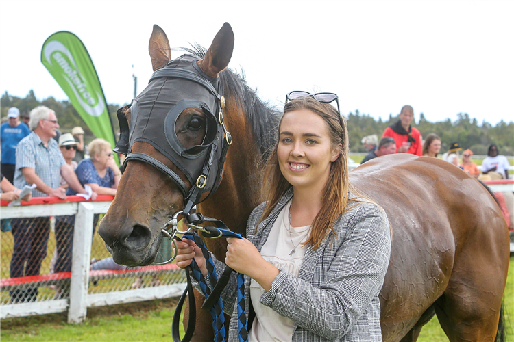 Trainer Meg Cunneen with Mamma Sans after her win at Kumara on Saturday.