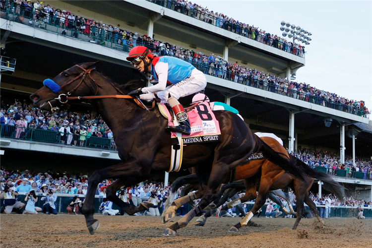 MEDINA SPIRIT winning the Kentucky Derby at Churchill Downs in Louisville, Kentucky.