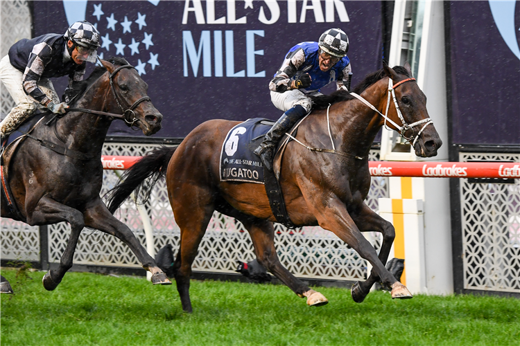 MUGATOO winning the All-Star Mile while Hugh Bowman flashes Blue Steel.