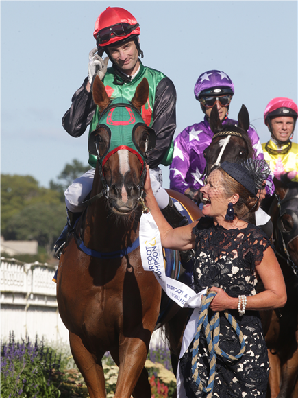 Co-owner Suzi Pomare beams with pride as she leads Ocean Billy back to the Ellerslie birdcage after his Gr.1 Barfoot & Thompson Auckland Cup (3200m) triumph