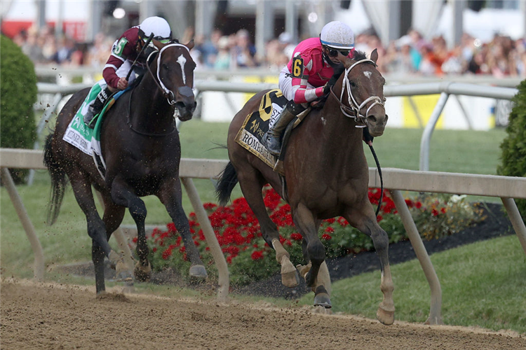 ROMBAUER winning the Preakness Stakes at Pimlico in Baltimore, Maryland.