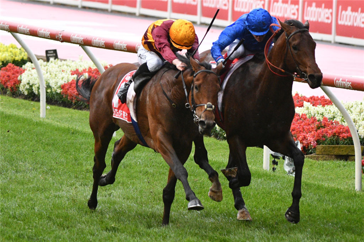 STATE OF REST (orange cap) winning the Cox Plate at Moonee Valley in Australia.