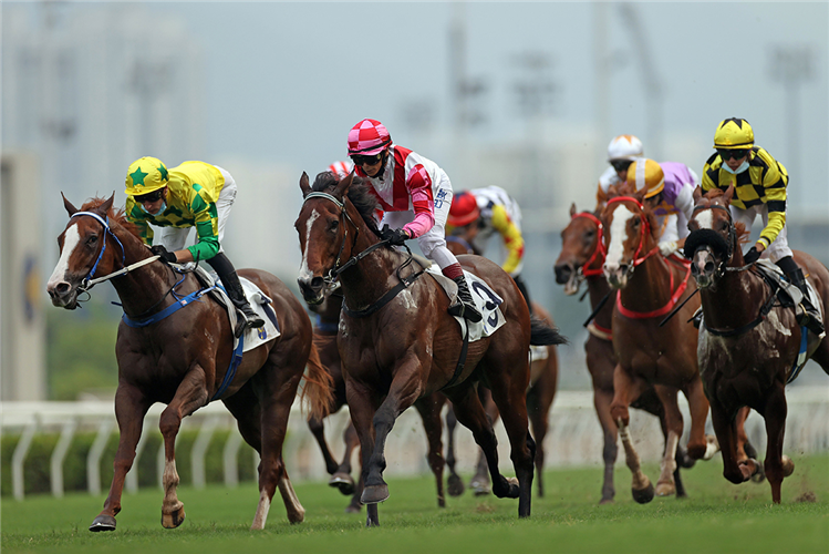 Sky Field (left) steams home late behind Super Wealthy.