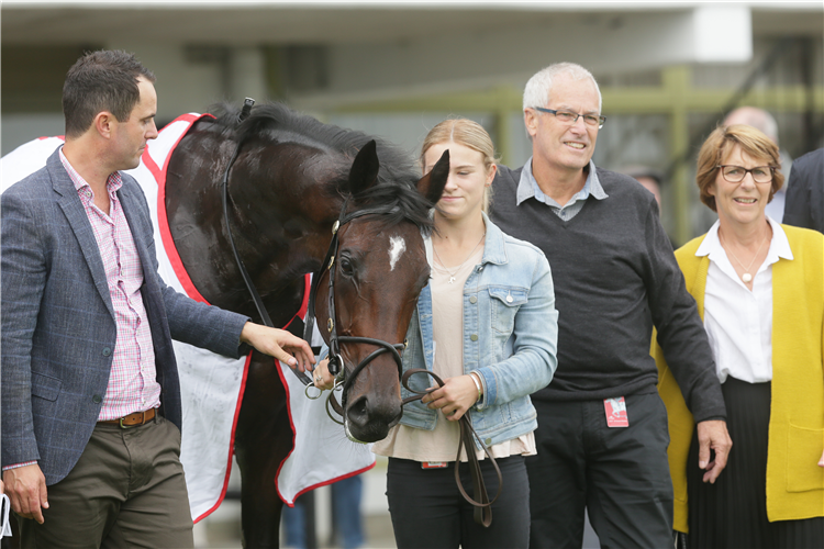 Andrew Forsman (left), with handler Amber Riddell and his parents Steve and Lynne after Turn The Ace’s win in the Listed Waikato Equine Veterinary Centre Stakes (1100m).