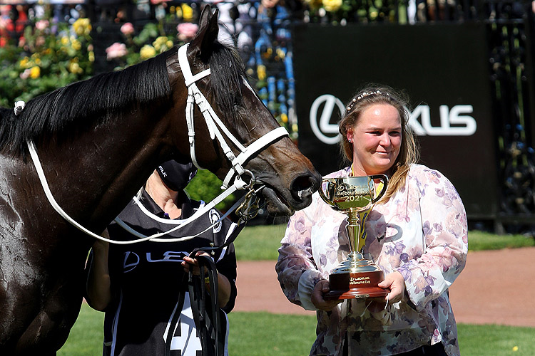VERRY ELLEEGANT posing with Cup after, winning the Lexus Melbourne Cup