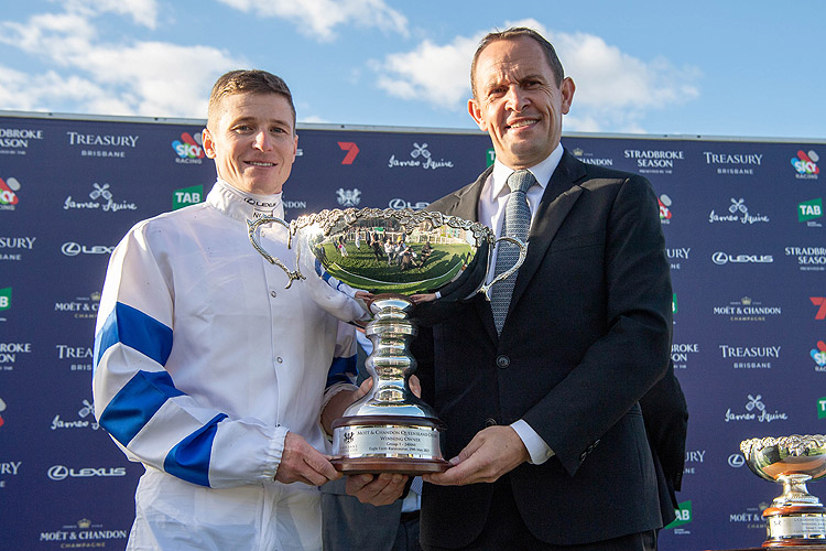 Jockey : JAMES MCDONALD and Trainer: CHRIS WALLER after, KUKERACHA winning the Moet&Chandon Queensland Derby.
