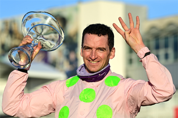 SHARJAH jockey Patrick Mullins celebrates after winning the race for the 4th time.
