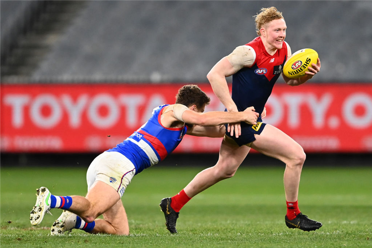 CLAYTON OLIVER of the Demons during the AFL match between Melbourne Demons and Western Bulldogs at MCG in Melbourne, Australia.