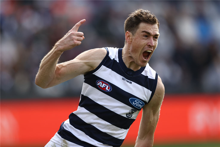 JEREMY CAMERON of the Cats celebrates after scoring a goal during the AFL match between the Geelong Cats and the West Coast Eagles at GMHBA Stadium in Geelong, Australia.