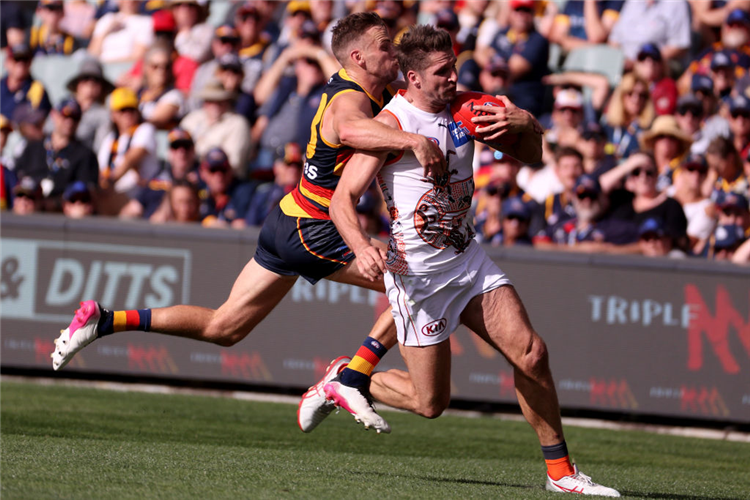 JESSE HOGAN of the Giants during the AFL match between the Adelaide Crows and the GWS Giants at Adelaide Oval in Adelaide, Australia.
