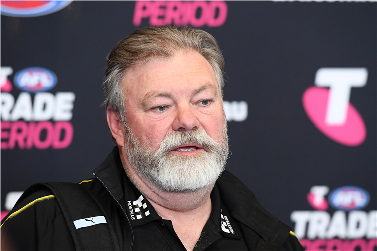 NEIL BALME the general manager of football at the Tigers speaks to the media during the AFL Trade Period at Melbourne, Australia.