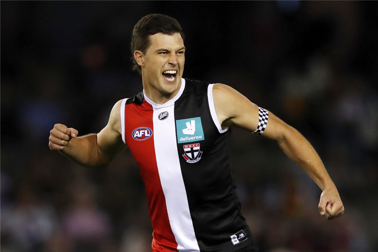 ROWAN MARSHALL of the Saints celebrates a goal during the AFL match between the St Kilda Saints and the Hawthorn Hawks at Marvel Stadium in Melbourne, Australia.