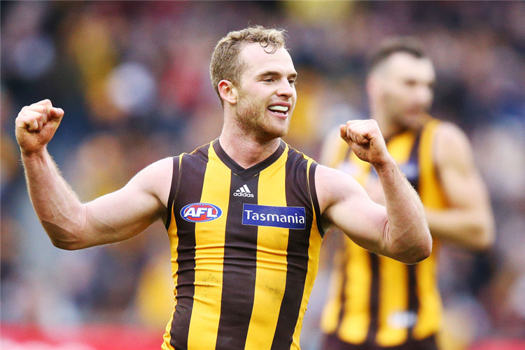 TOM MITCHELL of the Hawks celebrates the win on the final siren during the AFL match between the Hawthorn Hawks and the Essendon Bombers at MCG in Melbourne, Australia.