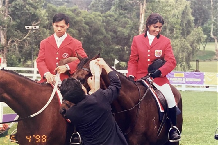 Riding high: Priya Selvam at the Pirelli Cables International Horse Show, Hong Kong in 1998.