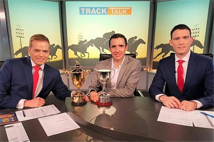 Nicholas Child and Matthew Jones (right) during a Track Talk show with jockey Michael Rodd (middle).