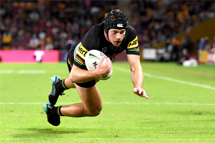 MATT BURTON of the Panthers scores a try during the NRL match between the Brisbane Broncos and the Penrith Panthers at Suncorp Stadium in Brisbane, Australia.