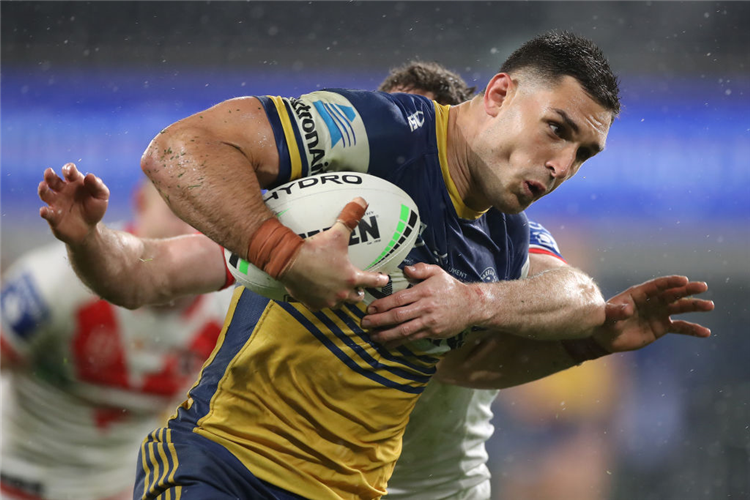 RYAN MATTERSON of the Eels is tackled during the NRL match between the Parramatta Eels and the St George Illawarra Dragons at Bankwest Stadium in Sydney, Australia.
