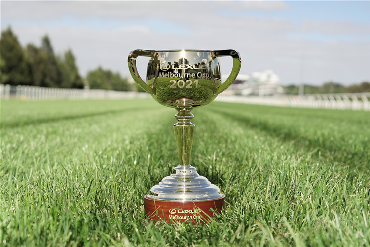 The 2021 Lexus Melbourne Cup trophy at Flemington Racecourse.