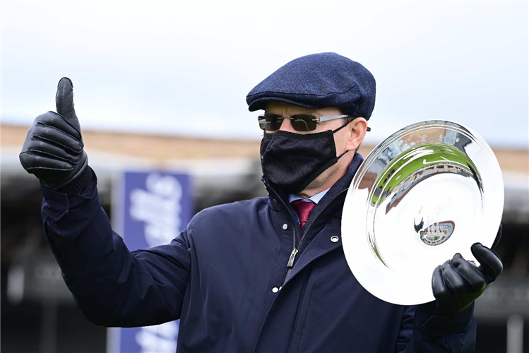 EMPRESS JOSEPHINE winning trainer Aidan O’Brien with the trophy after their win.