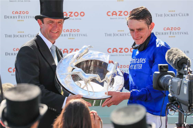 Trainer Charlie Appleby and Adam Kirby after winning the Cazoo Derby (Group 1) (British Champions Series)