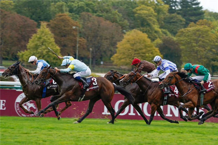 BELBEK (light blue/yellow silks) winning the Prix Jean-Luc Lagardere at Hippodrome de ParisLongchamp in Paris, France.