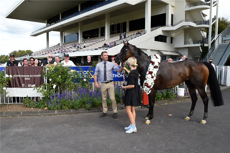 Trainer Robbie Patterson with Coventina Bay and some of her syndicate of owners after their Ellerslie victory