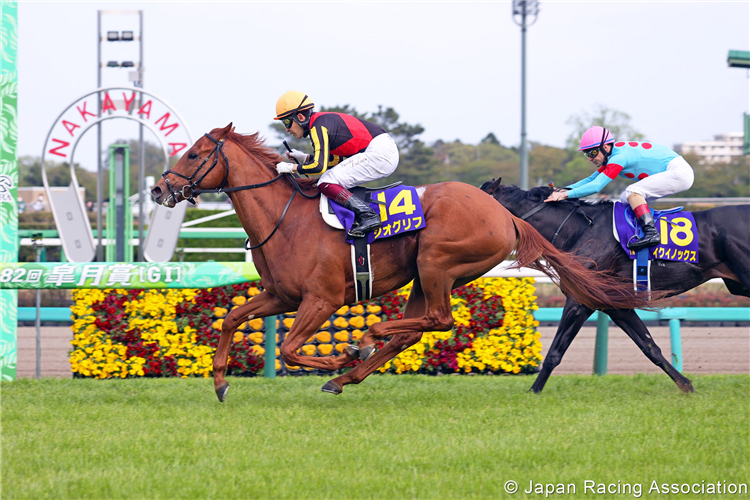 GEOGLYPH winning the Satsuki Sho at Nakayama in Japan.