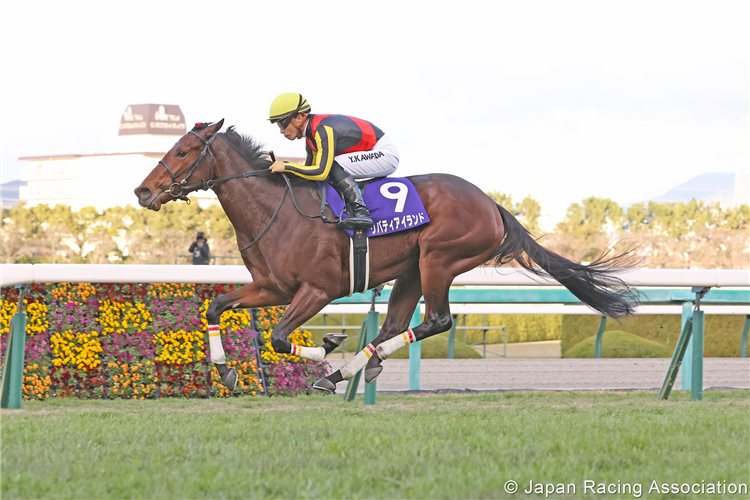 LIBERTY ISLAND winning the Hanshin Juvenile Fillies at Hanshin in Japan.