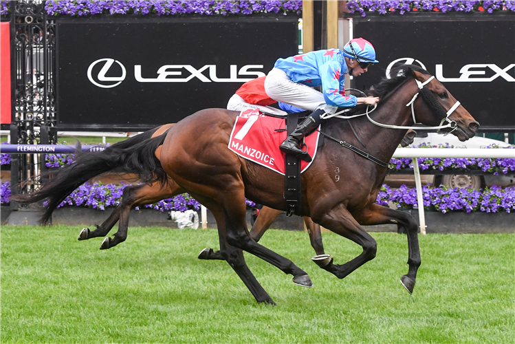 MANZOICE winning the Penfolds Victoria Derby at Flemington in Australia.