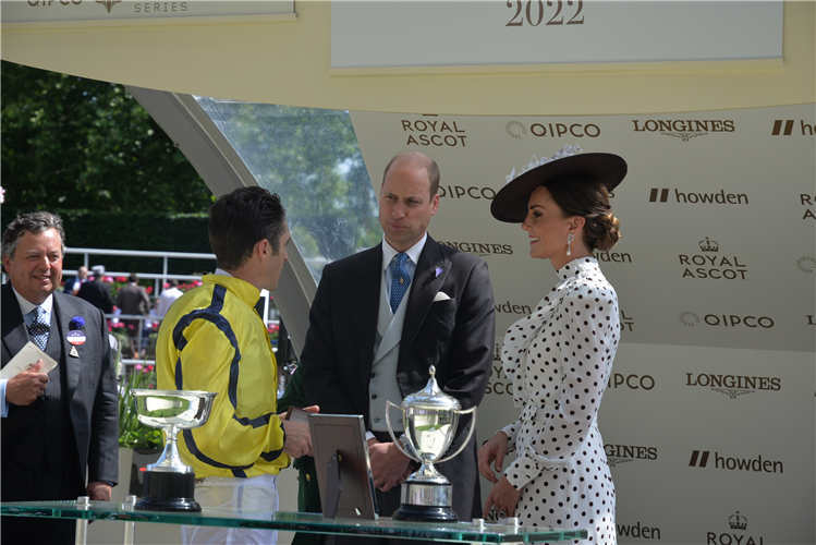 Christophe Soumillon with the Duke and Duchess of Cambridge after PERFECT POWER wins the Commonwealth Cup.
