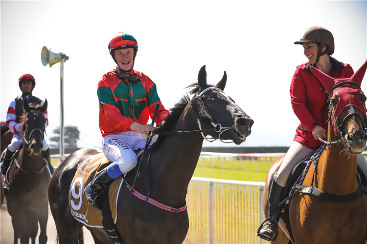 A smiling Corey Campbel returns to the birdcage at Riverton after winning aboard Phyllite
