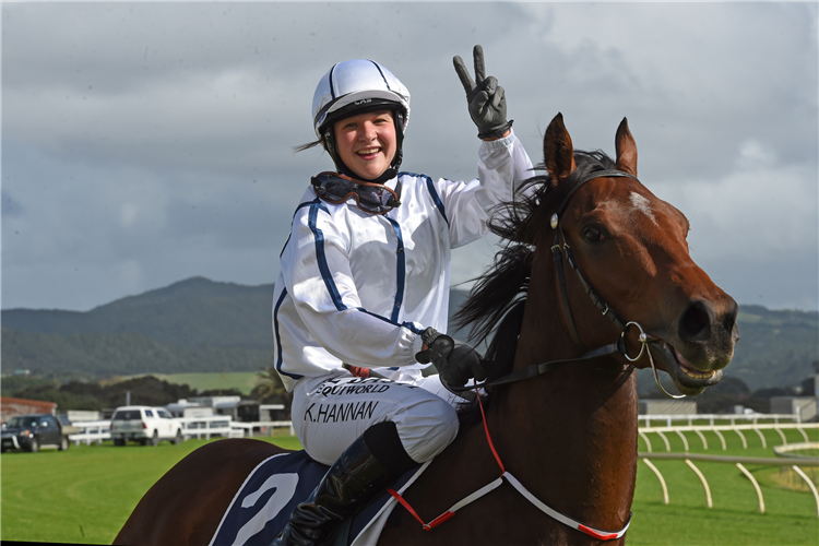 Kelsey Hannan is all smiles after recording her first win aboard Tazimoto at Ruakaka on Wednesday.