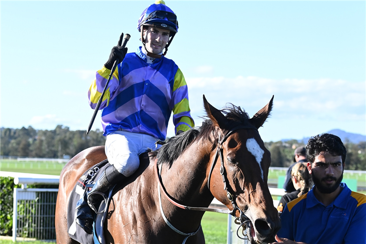 Jockey : TYLER SCHILLER after winning the Arrowfield Dark Jewel Classic at Scone in Australia.