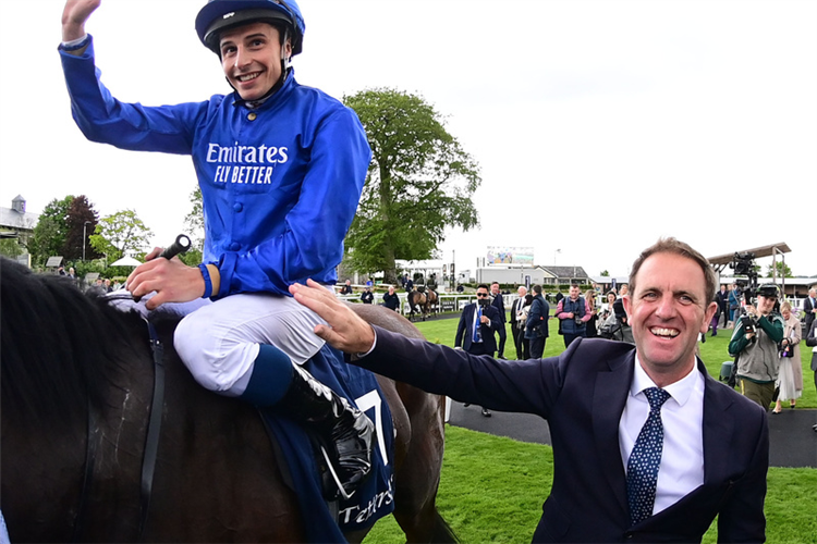 NATIVE TRAIL and William Buick celebrate after win with trainer Charlie Appleby.