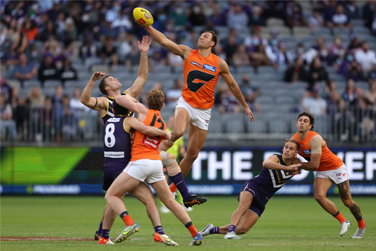 BRAYDON PREUSS of the Giants during the AFL match between the Fremantle Dockers and the Greater Western Sydney Giants at Optus Stadium in Perth, Australia.