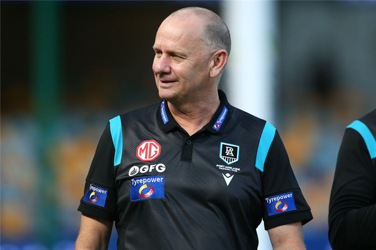 Power coach KEN HINKLEY looks on during the AFL match between the Brisbane Lions and the Port Adelaide Power at The Gabba in Brisbane, Australia.