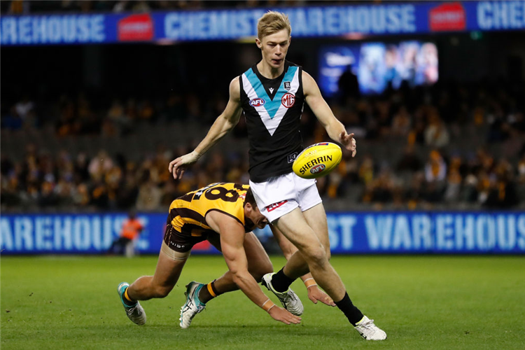 TODD MARSHALL of the Power in action during the AFL match between the Hawthorn Hawks and the Port Adelaide Power at Marvel Stadium in Melbourne, Australia.