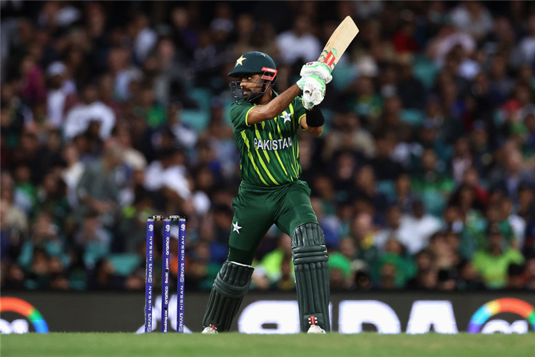 BABAR AZAM of Pakistan bats during the ICC Men's T20 World Cup Semi Final match between New Zealand and Pakistan at SCG in Sydney, Australia.