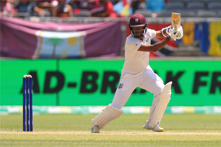 KRAIGG BRATHWAITE of the West Indies watches the ball during the Test match between Australia and the West Indies at Optus Stadium in Perth, Australia.
