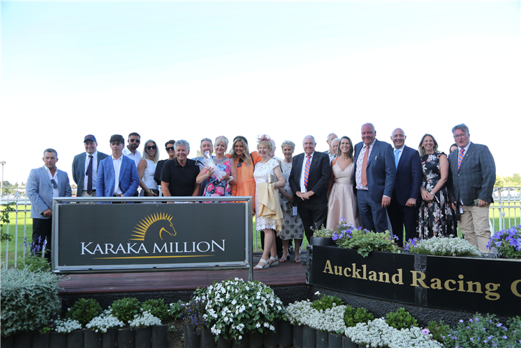 Windsor Park Stud co-owner and studmaster Rodney Shick (far left) at the presentation for the winner of the Doubletree by Hilton Karaka Million 2YO (1200m), Almanzor colt Dynastic, who Windsor Park co-bred with John and Margaret Thompson