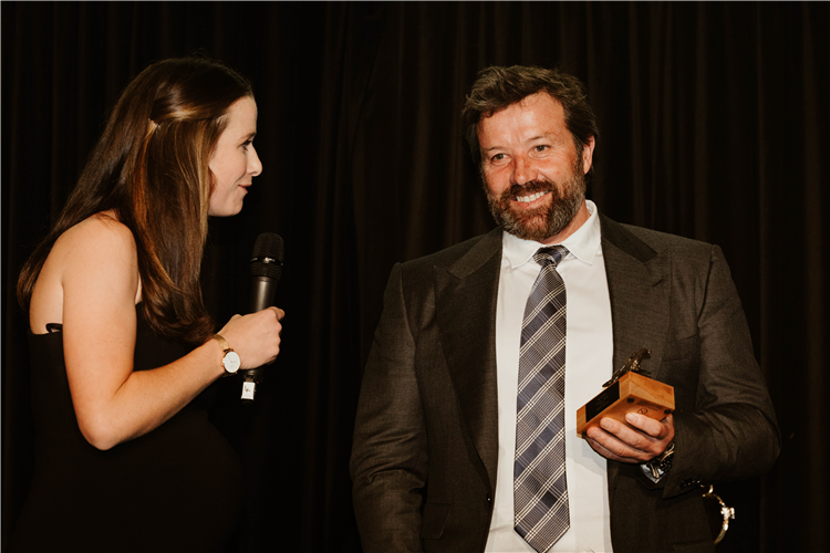 Waikato Stud’s Mark Chittick is interviewed by Emily Bosson at the National Breeding Awards, sponsored by AGrowQuip