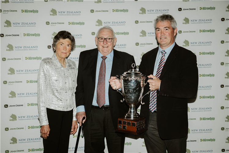 Mark Chitty (right) pictured with his parents Carolyn and Ron after receiving his award for Personality Of The Year at the New Zealand Breeding Awards.