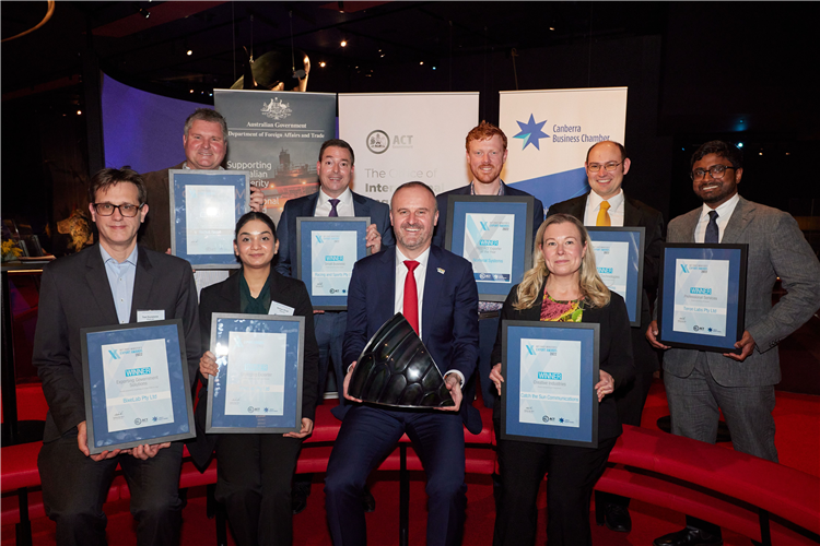 Racing and Sports CEO Stephen Crispe (Top, second from left) with after winning the Canberra Small Business category in the 2022 Chief Minister's Export Awards.